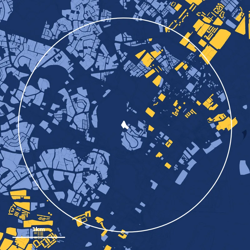 Map of homes within 2km of St Margaret’s School (Primary): HDB plots in yellow, private plots in blue