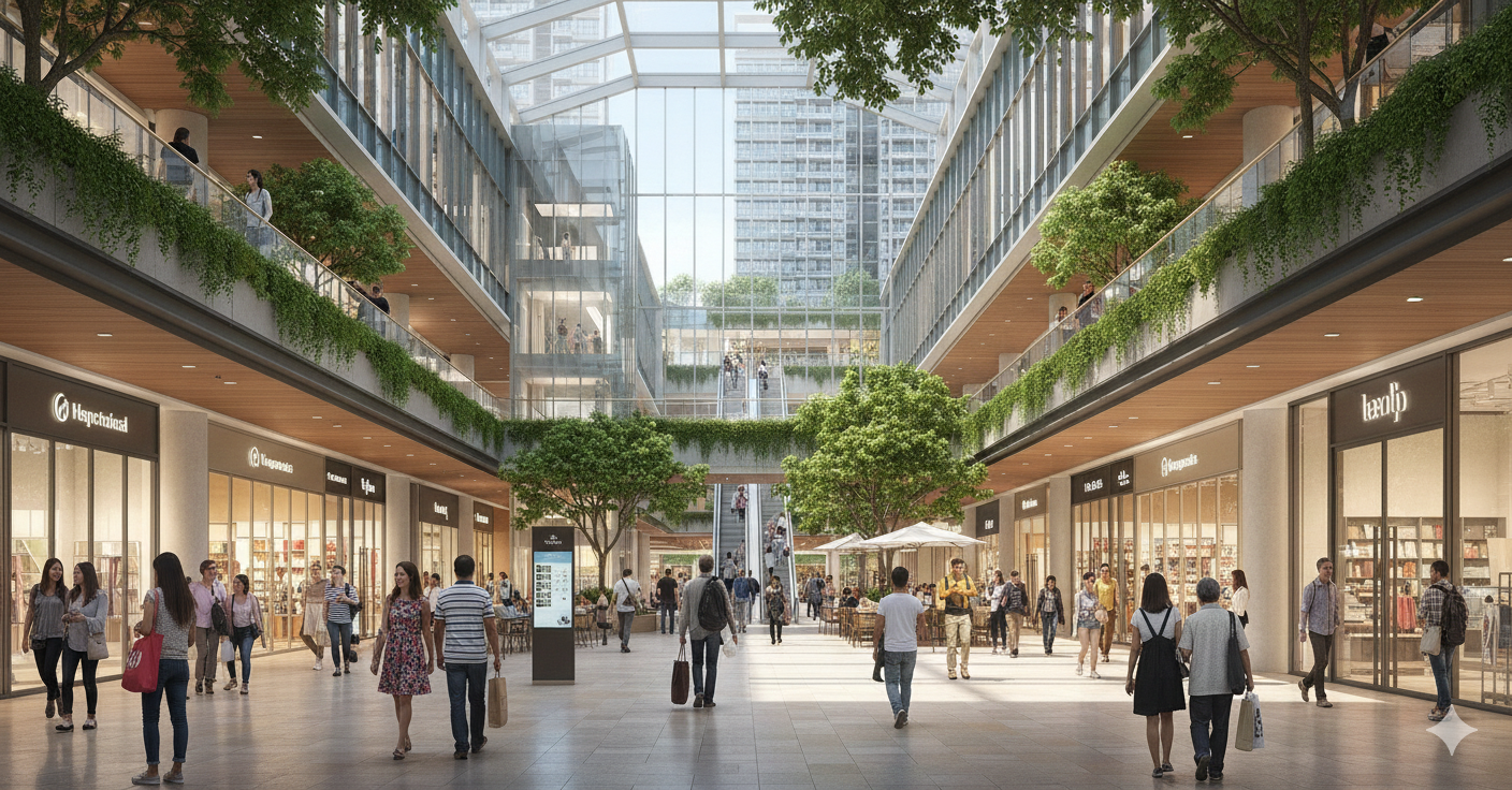 Hougang Central Integrated Mall rendering showcasing retail and lifestyle spaces