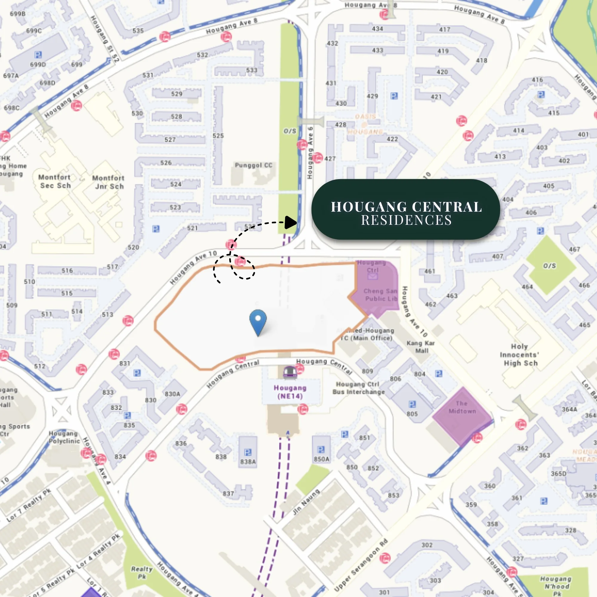 Hougang Central GLS site with surrounding amenities in District 19