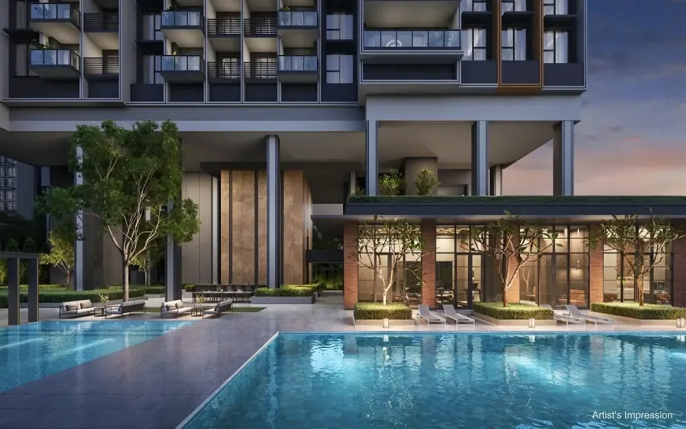 Artist's impression of the pool deck and clubhouse at Hudson Place Residences, showing red brick and glass pavilions beside the lap pool in one-north District 5 Singapore