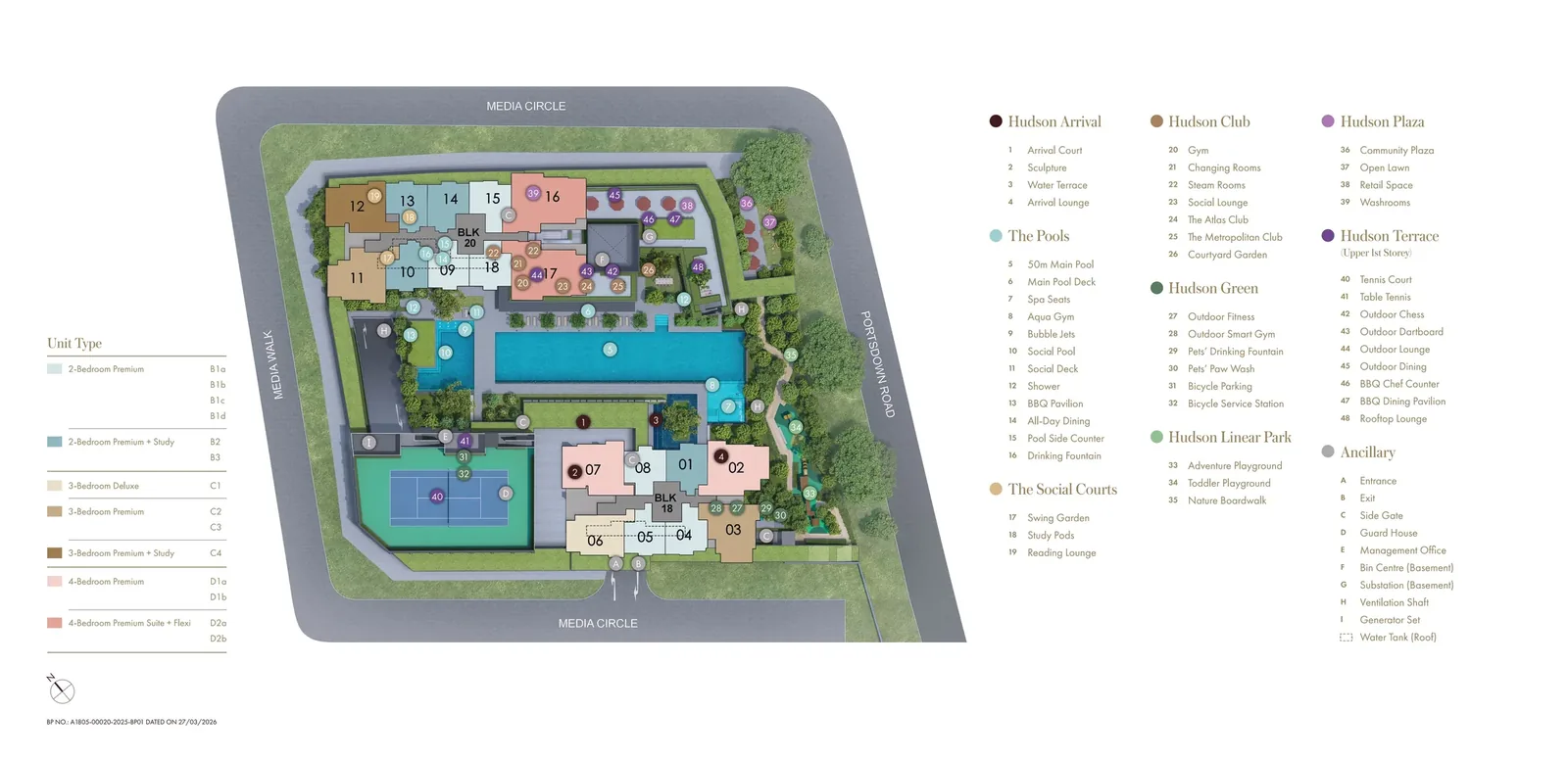 Site plan of Hudson Place Residences at Media Circle showing the two offset towers, the 50-metre lap pool, social pool, tennis court, Hudson Club and rooftop terraces across the 82,125 sq ft one-north site