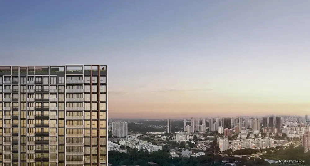 Artist's impression of a Hudson Place Residences tower at Media Circle looking out over the Queenstown and one-north skyline in District 5 Singapore