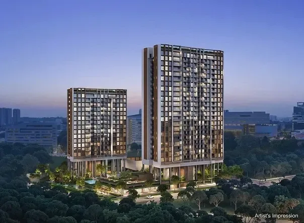 Artist's impression of the two Hudson Place Residences towers of 23 and 15 storeys at Media Circle, one-north, District 5 Singapore, seen from the air at dusk