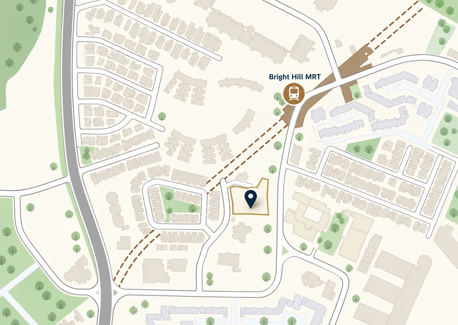 Location map of the Lorong Puntong and Sin Ming Avenue Government Land Sales site in Bishan, District 20, showing the plot a short walk south-west of Bright Hill MRT station on the Thomson-East Coast Line