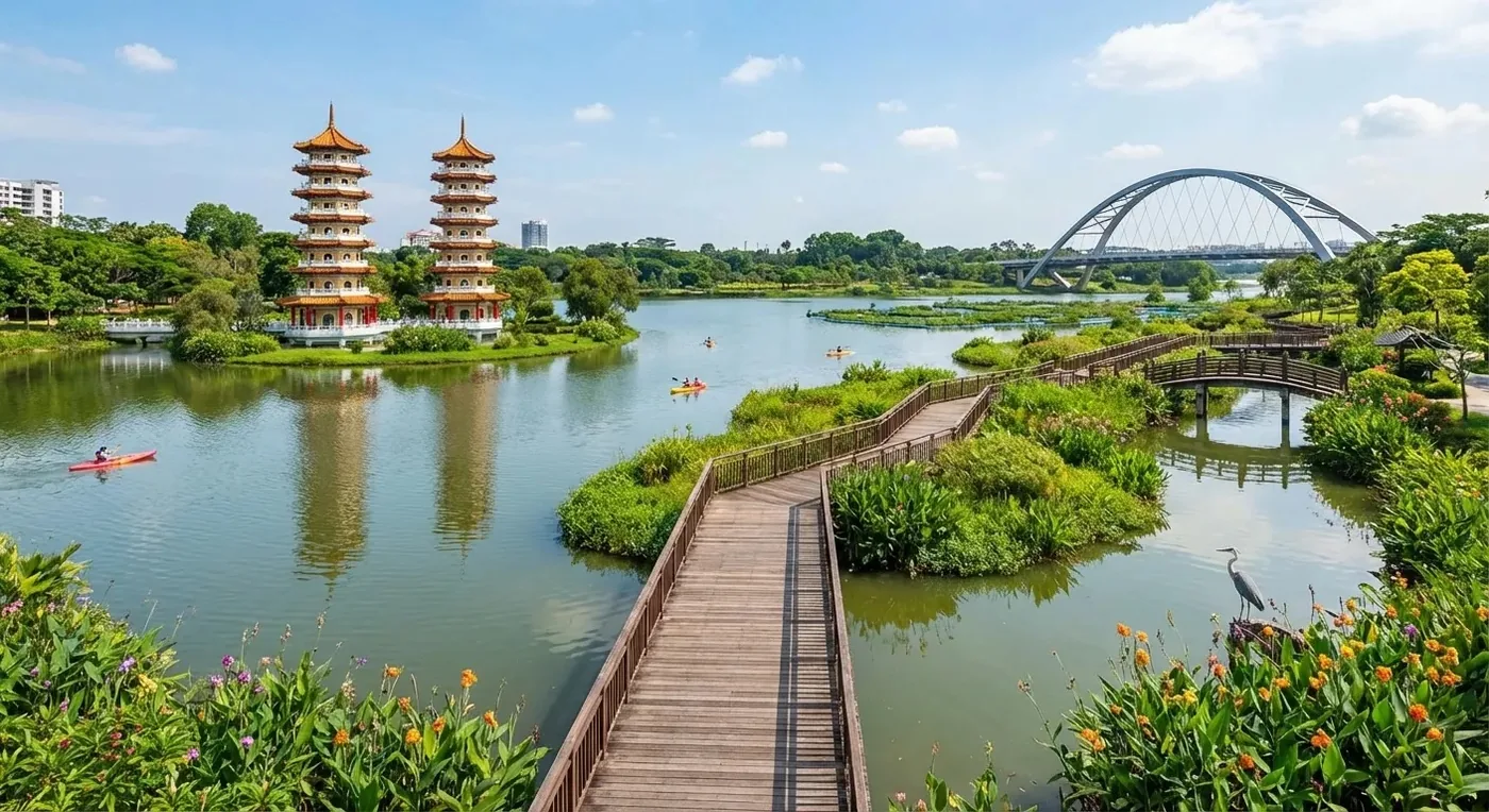 Jurong Lake Gardens boardwalk with the Chinese Garden twin pagodas, across the road from the Lucerne Grand site in District 22
