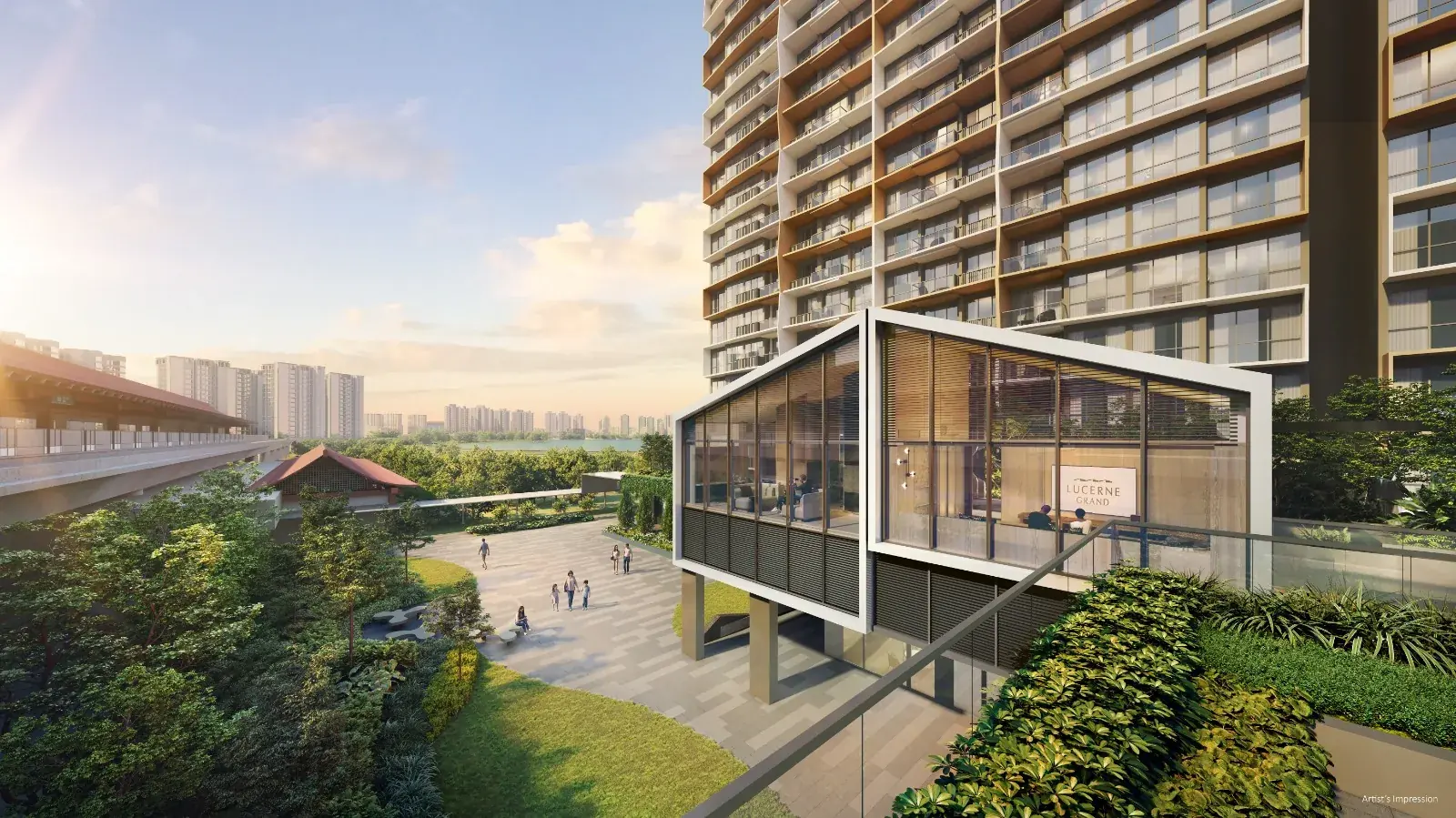 Lucerne Grand arrival plaza and glass pavilion beside the Lakeside MRT viaduct on Lakeside Drive, District 22 Singapore