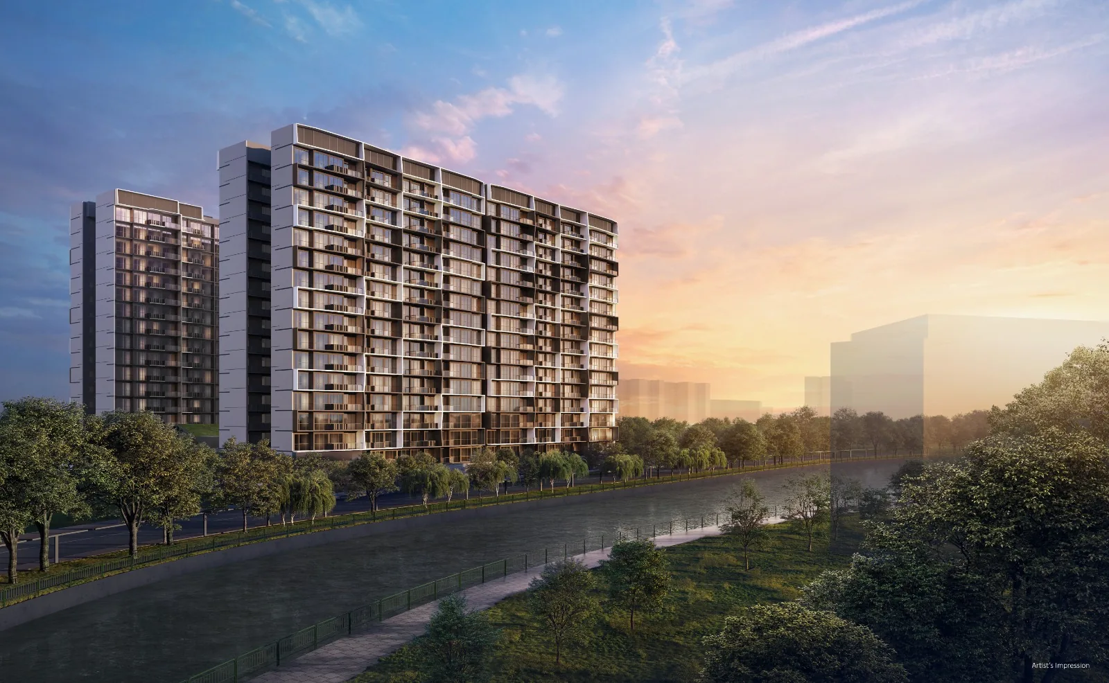 Lucerne Grand towers at dusk across the canal on Lakeside Drive, District 22 Singapore