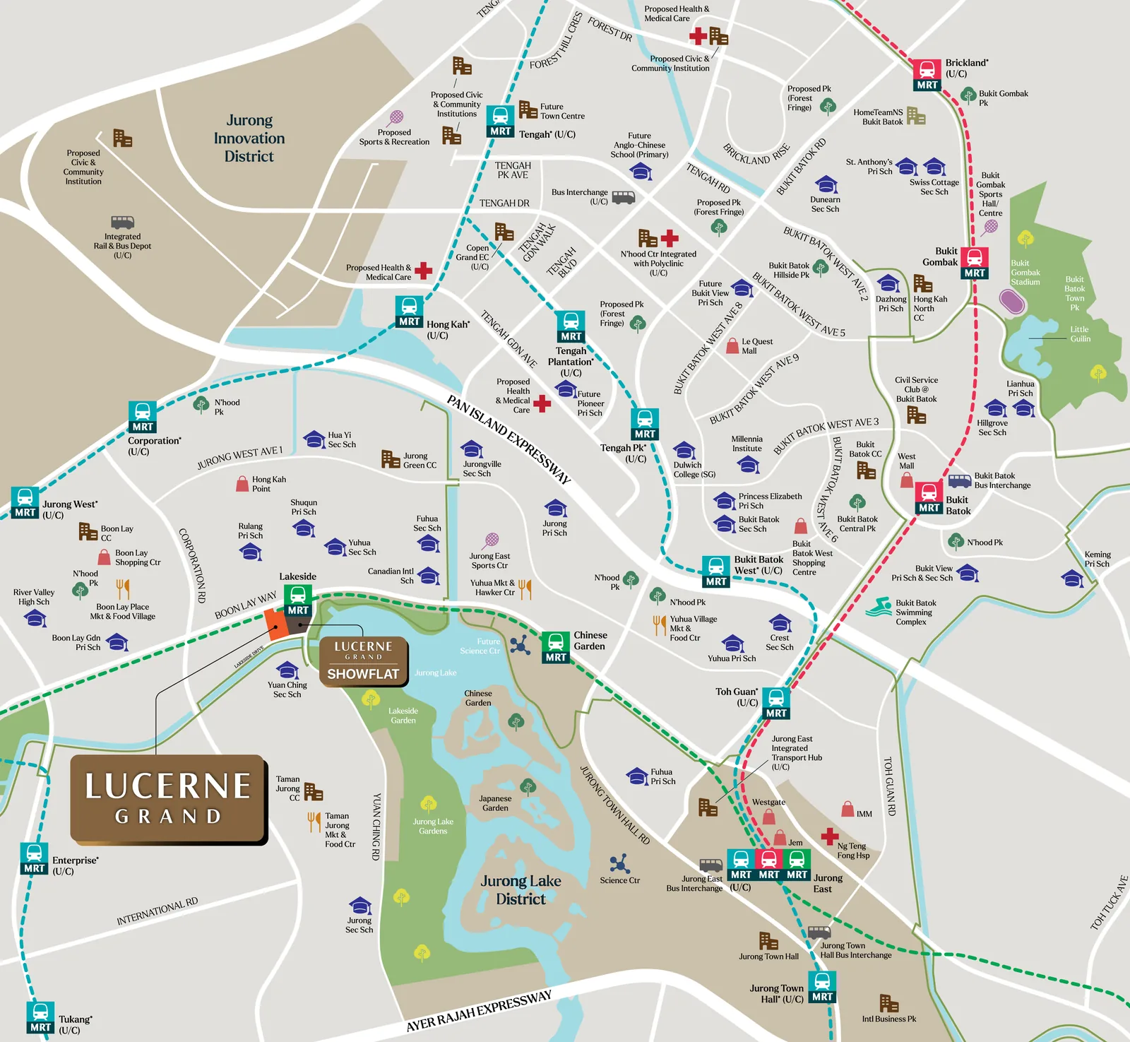 Location map showing Lucerne Grand beside Lakeside MRT on Lakeside Drive, with Jurong Lake District, Jurong Innovation District and surrounding schools