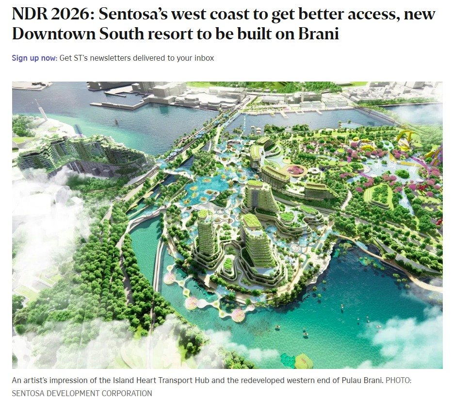 Artist's impression of the Island Heart Transport Hub and the redeveloped western end of Pulau Brani, part of Singapore's Greater Sentosa plans announced at National Day Rally 2026