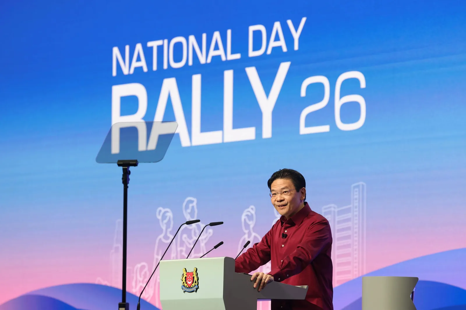 Prime Minister Lawrence Wong delivering the National Day Rally 2026 speech, in which he set out Singapore's Long Island, Pulau Tekong and Western Island land plans