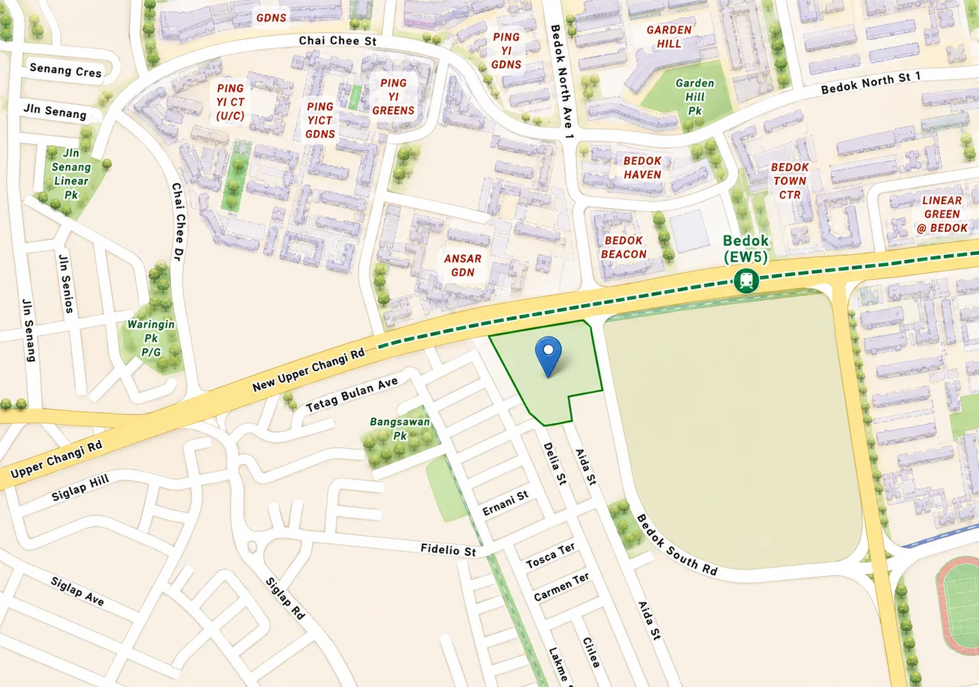 Location map of the New Upper Changi Road Government Land Sales site in Bedok, District 16, showing the plot beside Bedok MRT station on the East West Line