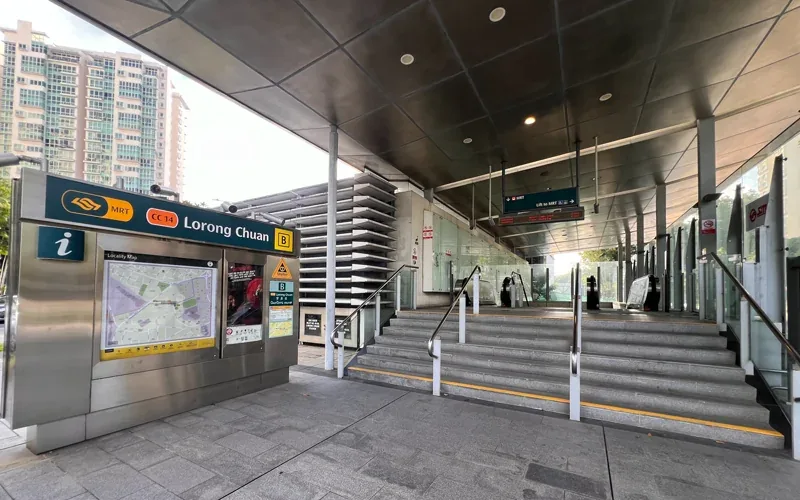 Exit B of Lorong Chuan MRT station CC14 on the Circle Line, the nearest station to One Chuan Grove