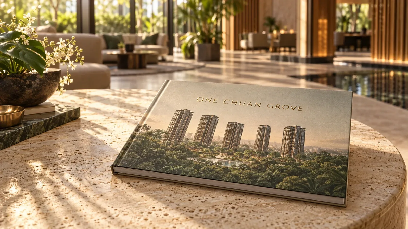 One Chuan Grove e-brochure with five residential towers above greenery on the cover, the new 1,056-home condominium off Lorong Chuan in District 19 Singapore
