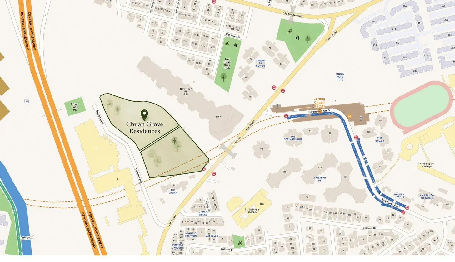 Location map of One Chuan Grove's two parcels off Chuan Lane and Lorong Chuan in District 19, between the Central Expressway and New Tech Park, west of Lorong Chuan MRT station CC14