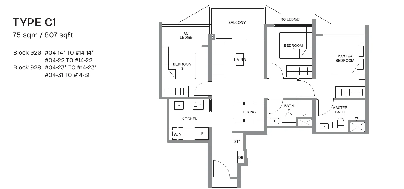 Pinery Residences Type C1 three-bedroom floor plan of 807 sq ft with two bathrooms, used as a reference for One Chuan Grove's smallest three-bedroom