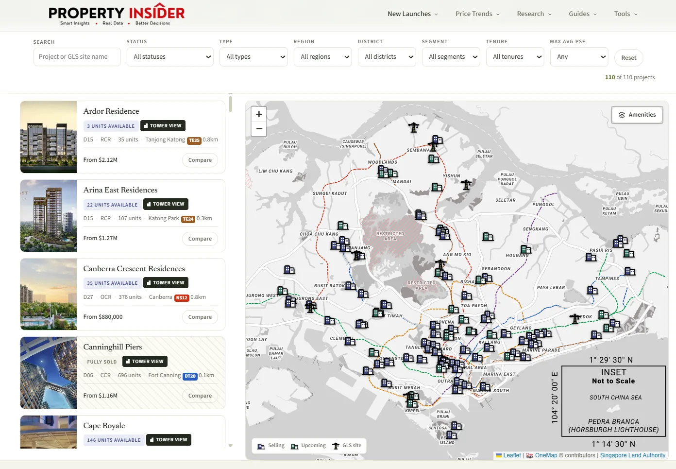 The PropertyInsider.sg new launch map showing 110 Singapore condominium projects and GLS sites plotted across the island, with filters for status, type, region, district, segment, tenure and maximum average psf