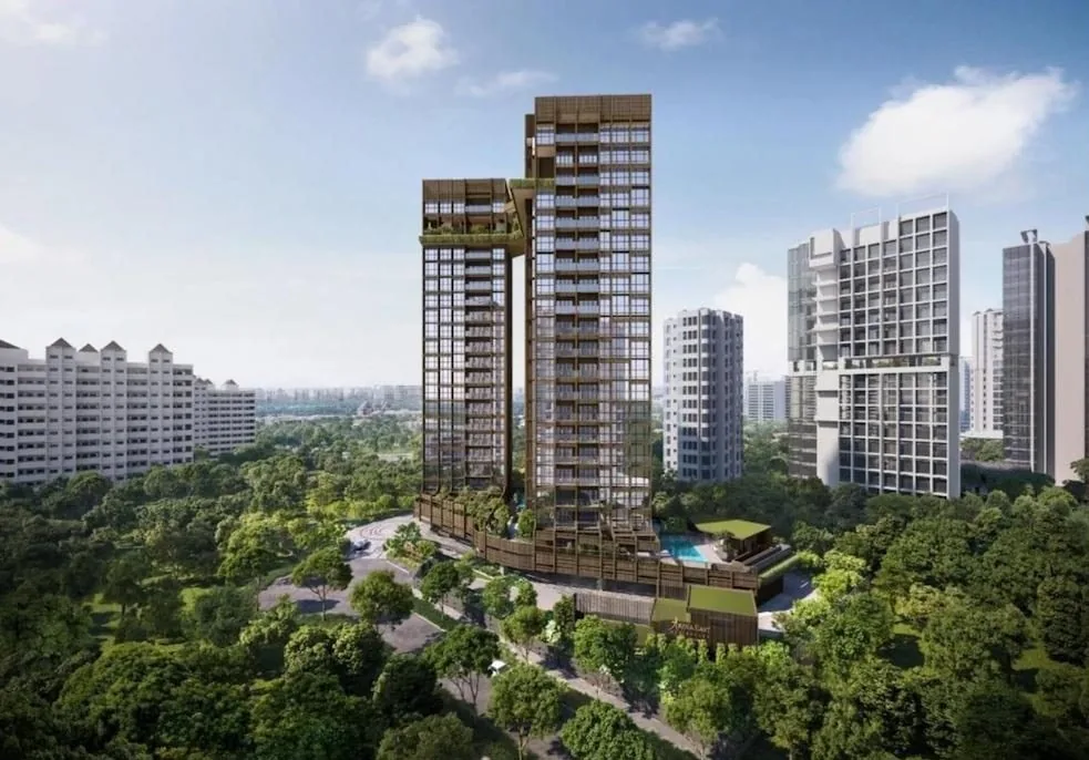 New launch condominium development in Singapore 2026 — aerial render of modern residential towers surrounded by lush greenery, illustrating the appeal of new launch condos for buyers and investors