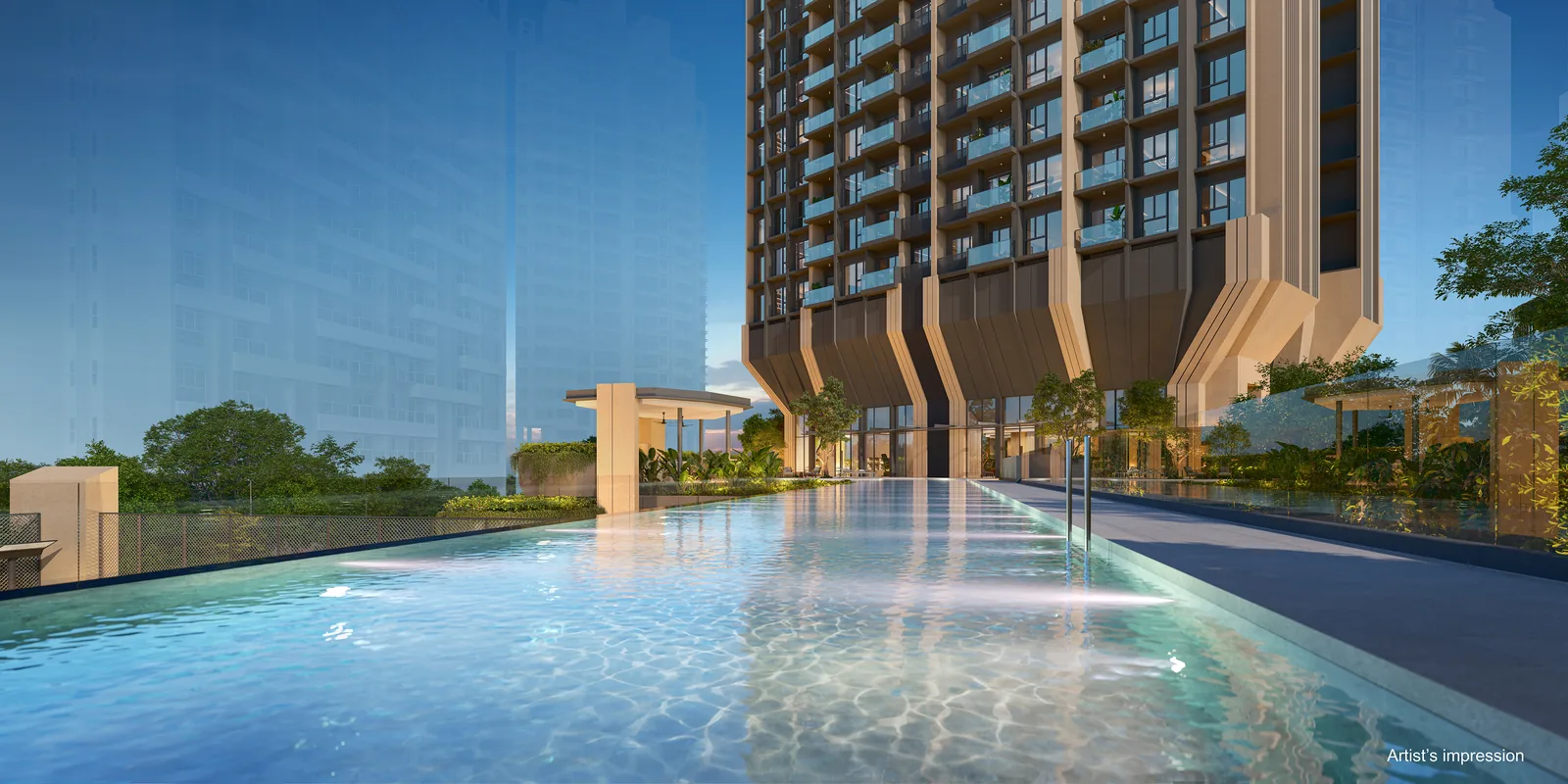 Artist's impression of the 50-metre lap pool on the elevated podium deck at The Serra Residences, Bassein Road, District 11 Singapore, with the tower rising above it at dusk