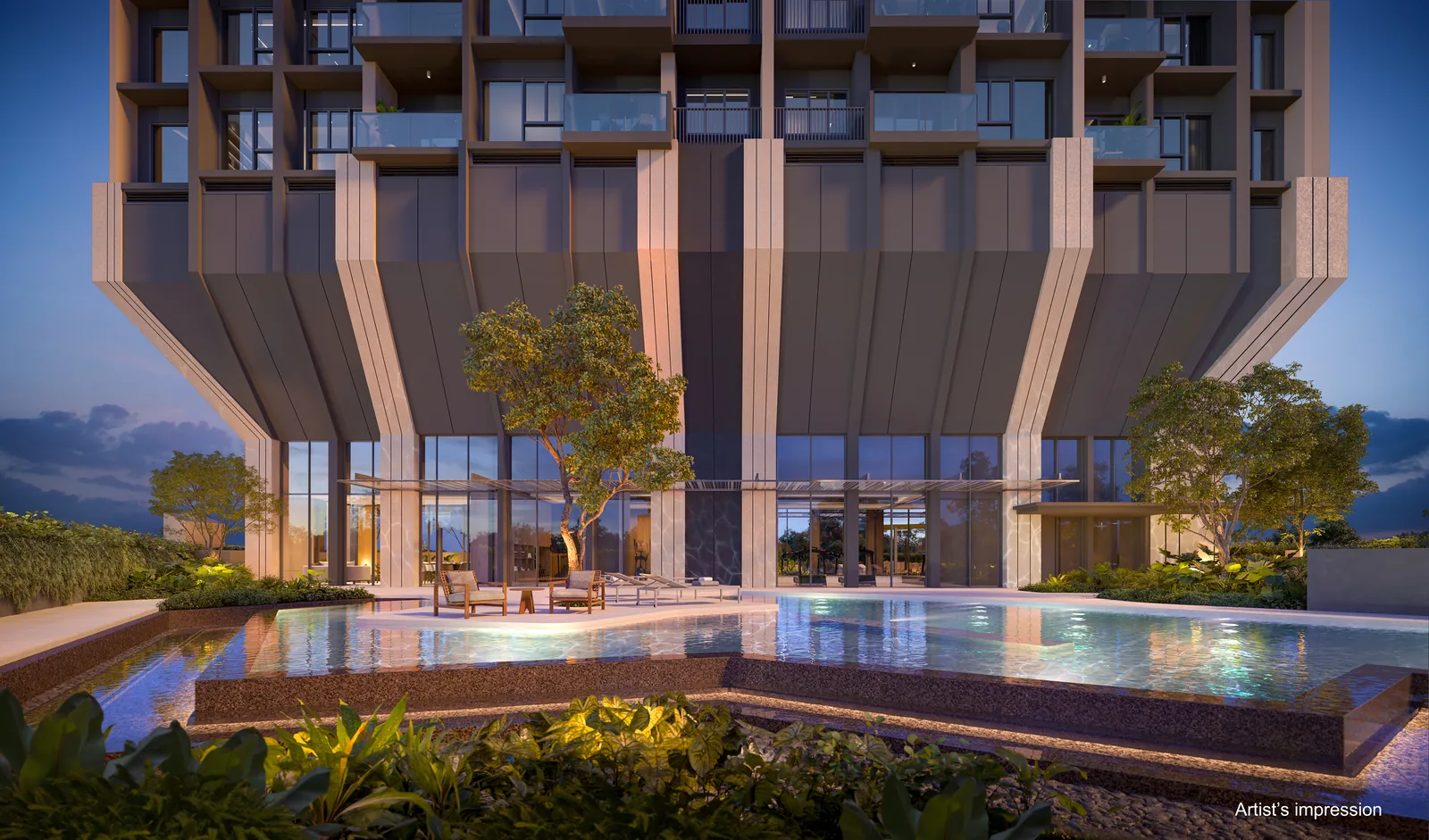 Artist's impression of the spa pool and landscaped podium deck beneath the sculpted tower base of The Serra Residences at Bassein Road, Novena, District 11 Singapore