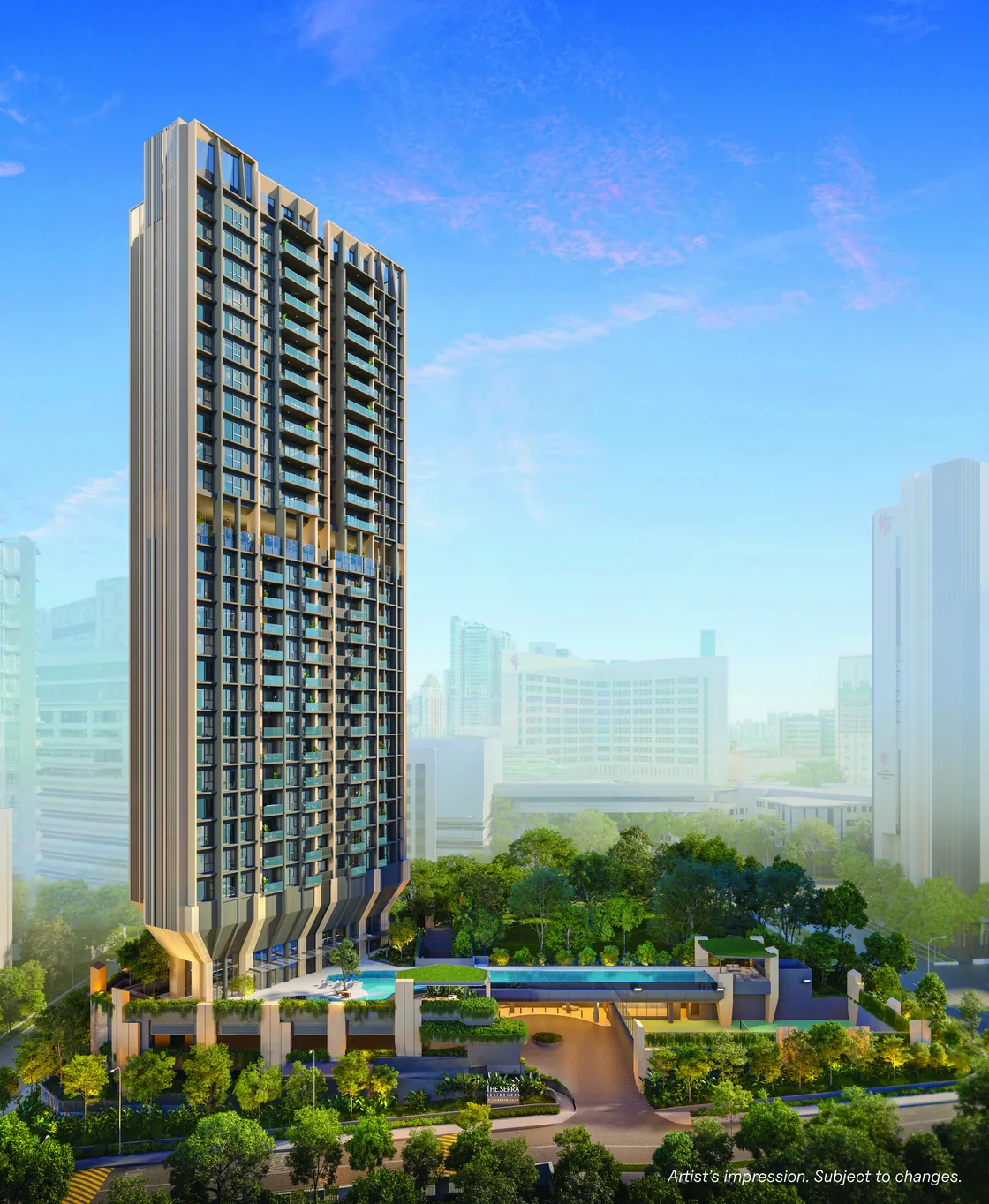 Artist's impression of The Serra Residences, a single 28-storey freehold tower at 7 Bassein Road in Novena, District 11 Singapore, with its elevated pool deck and arrival court above the Novena skyline