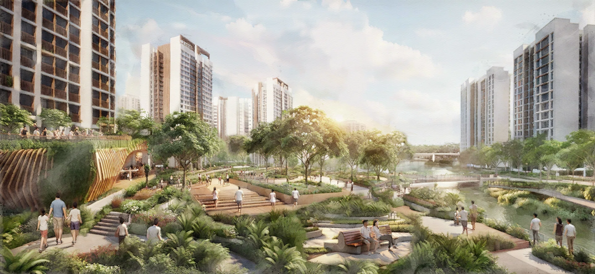 Aerial view of green spaces and residential blocks in Woodlands